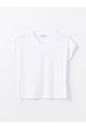 تی شرت سفید زنانه رگولار یقه گرد پنبه - پلی استر کد 833596987