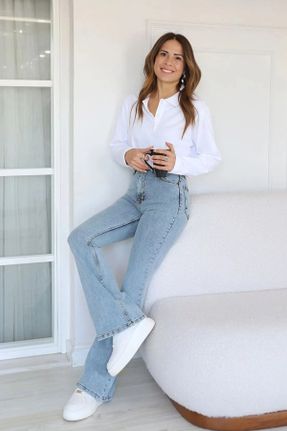شلوار جین طوسی زنانه پاچه اسپانیولی فاق بلند جین ساده جوان استاندارد کد 833598668