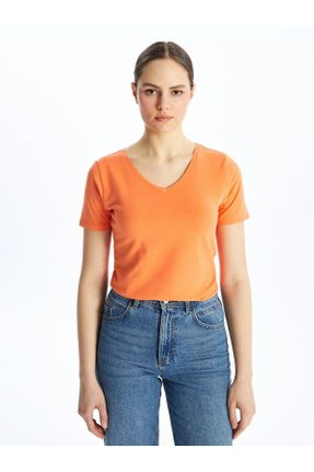 تی شرت نارنجی زنانه رگولار یقه هفت تکی کد 822395174