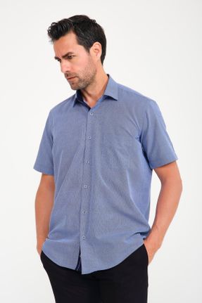 پیراهن سرمه ای مردانه پنبه - پلی استر یقه نیمه ایتالیایی ریلکس کد 303750653