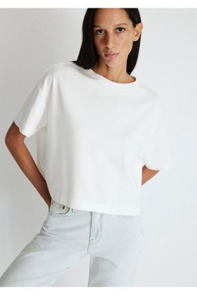 تی شرت سفید زنانه ریلکس یقه گرد پنبه (نخی) کد 833822540