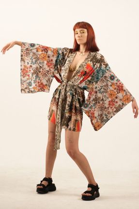 کیمونو بژ زنانه پلی استر بافتنی طرح دار کد 126177502