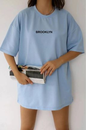 تی شرت آبی زنانه اورسایز یقه گرد تکی کد 833874969