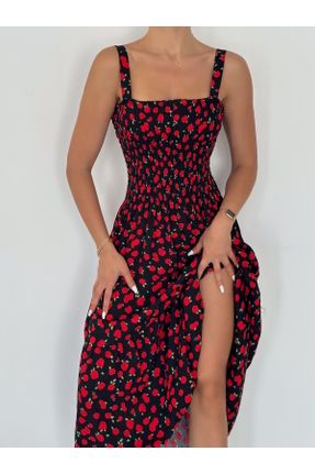 لباس قرمز زنانه بافتنی ویسکون طرح گلدار بند دار کد 833891565
