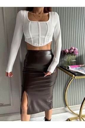 دامن قهوه ای زنانه چرم مصنوعی AL&SU BUTİK - کد 790075638