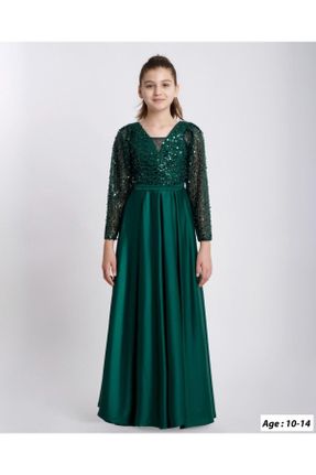 لباس مجلسی سبز زنانه پلی استر اسلیم فیت یقه گرد آستر دار کد 817233011