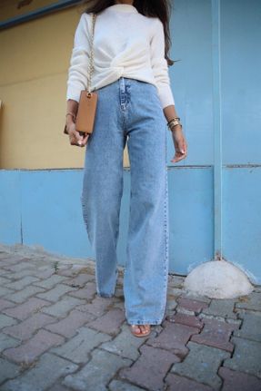 شلوار جین آبی زنانه پاچه گشاد پنبه (نخی) جوان بلند کد 240672728