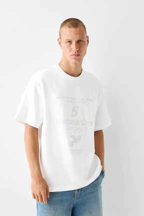 تی شرت سفید مردانه ریلکس یقه دگاژه پنبه (نخی) کد 833981104