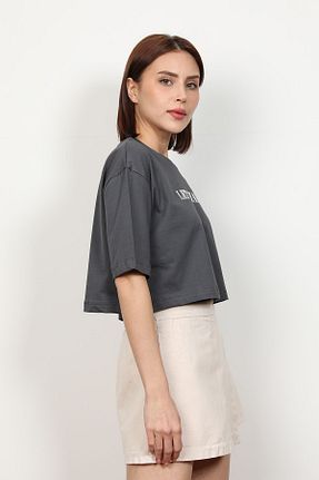 تیشرت طوسی زنانه کراپ GİYSA - کد 814134083