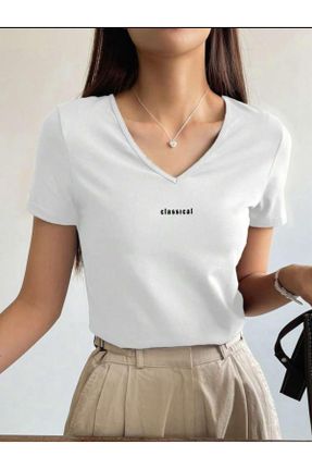 تی شرت سفید زنانه رگولار یقه هفت پنبه (نخی) بیسیک کد 829305627