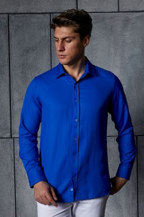 پیراهن آبی مردانه یقه پیراهنی اسلیم فیت کد 727222420