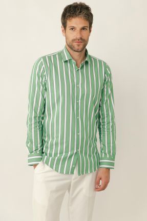پیراهن سبز مردانه پنبه (نخی) Fitted کد 834049020