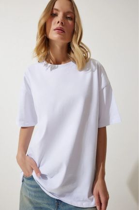 تی شرت سفید زنانه یقه گرد اورسایز تکی بیسیک کد 668029133