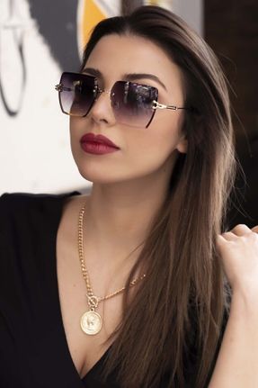 عینک آفتابی طلائی زنانه 58 UV400 فلزی آینه ای مستطیل کد 41808907