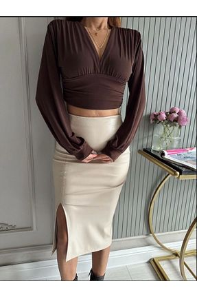 دامن بژ زنانه چرم مصنوعی AL&SU BUTİK - کد 790075613