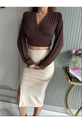 دامن بژ زنانه چرم مصنوعی AL&SU BUTİK - کد 790075613
