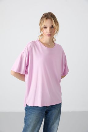 تی شرت صورتی زنانه اورسایز یقه گرد مودال- پنبه تکی جوان کد 830513848