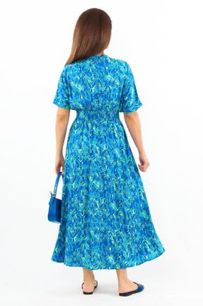 لباس آبی زنانه بافتنی ویسکون طرح گلدار راحت آستین-کوتاه کد 834007416