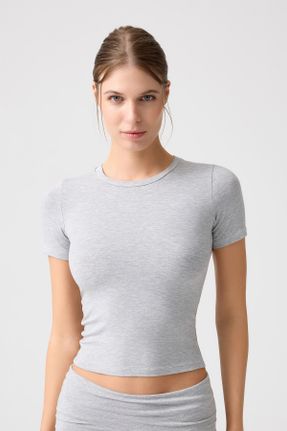 تی شرت طوسی زنانه ویسکون یقه گرد Fitted کد 834014535