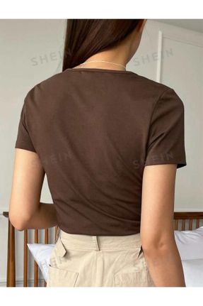 تی شرت قهوه ای زنانه رگولار یقه هفت پنبه (نخی) بیسیک کد 829308494