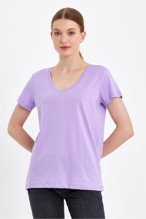 تی شرت بنفش زنانه رگولار یقه هفت مودال- پنبه تکی بیسیک کد 650750198