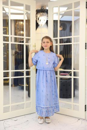 لباس آبی بچه گانه بافتنی شیفون طرح گلدار راحت آستین-کوتاه کد 834181545