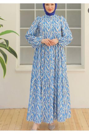 لباس آبی زنانه مخلوط ویسکون ریلکس آستین-بلند بیسیک کد 834174369