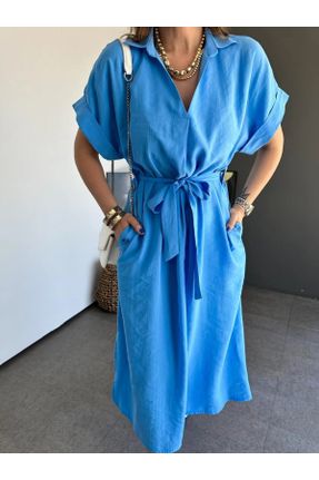 لباس آبی زنانه بافتنی پنبه (نخی) راحت آستین-کوتاه بیسیک کد 834258228