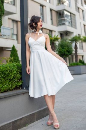 لباس مجلسی سفید زنانه ساتن آویزی رگولار یقه هفت آستر دار کد 834412517