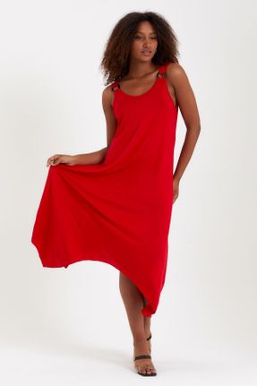 لباس سایز بزرگ قرمز زنانه ویسکون آسیمتریک بافتنی کد 311482966