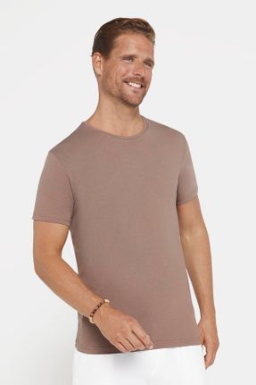 تی شرت قهوه ای مردانه یقه گرد تکی طراحی کد 834154374