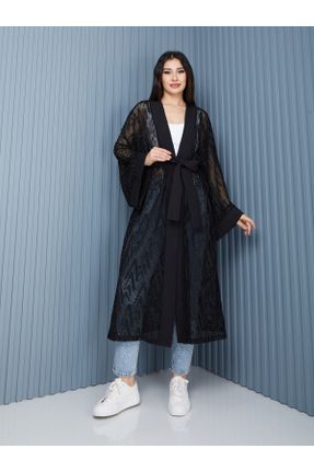 کیمونو مشکی زنانه بافتنی طرح هندسی بلند کد 834259690