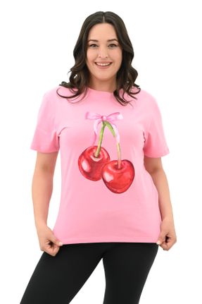 تی شرت صورتی زنانه سایز بزرگ یقه گرد کد 834260377