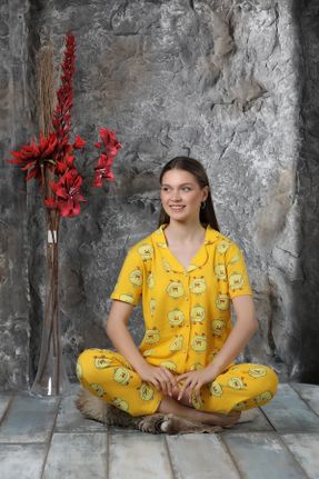 ست لباس راحتی زرد زنانه طرح دار پنبه (نخی) کد 827871044
