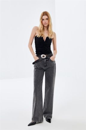 شلوار جین طوسی زنانه پاچه گشاد فاق بلند استاندارد کد 804040693