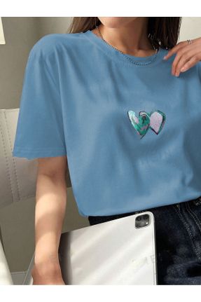 تی شرت آبی زنانه یقه گرد پنبه (نخی) اورسایز تکی طراحی کد 834397601