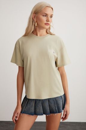 تی شرت متالیک زنانه ریلکس یقه گرد تکی جوان کد 790598956