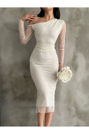 لباس سفید زنانه بافت مخلوط پلی استر اسلیم آستین-بلند بیسیک کد 817142395