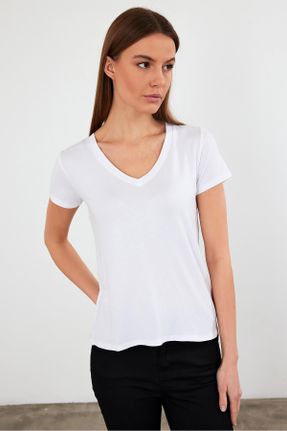 تی شرت سفید زنانه یقه هفت مودال- پنبه تکی بیسیک کد 650750237