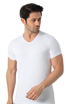 تی شرت سفید مردانه Fitted یقه هفت بامبو 2