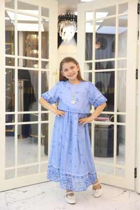 لباس آبی بچه گانه بافتنی شیفون طرح گلدار راحت آستین-کوتاه کد 834181545