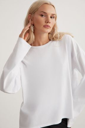 تی شرت سفید زنانه ریلکس یقه گرد تکی جوان کد 788955592