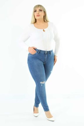 شلوار جین سایز بزرگ آبی زنانه پاچه تنگ فاق بلند کد 111856647