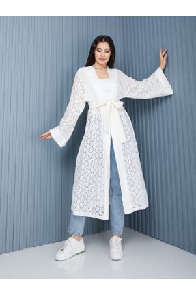 کیمونو سفید زنانه بافتنی طرح هندسی بلند کد 834257127