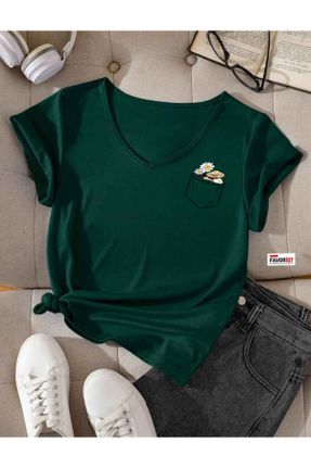 تی شرت سبز زنانه پنبه (نخی) یقه هفت رگولار بیسیک کد 806435215