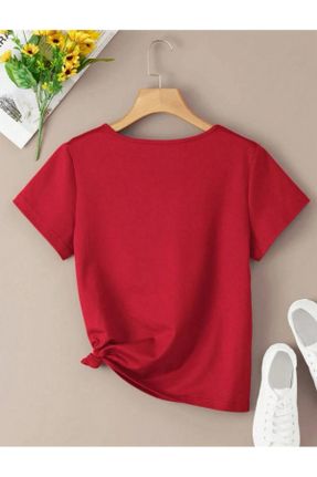 تی شرت قرمز زنانه رگولار یقه هفت پنبه (نخی) بیسیک کد 806435077
