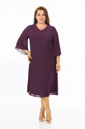 لباس مجلسی سایز بزرگ بنفش زنانه یقه هفت شیفون A-line کد 200370364