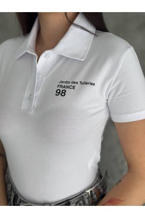 تی شرت سفید زنانه کراپ یقه پیراهنی تکی طراحی کد 825975144