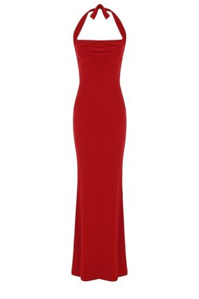 لباس مجلسی قرمز زنانه پلی استر آستین استاندارد اسلیم فیت هالترنک آستر دار کد 624121052