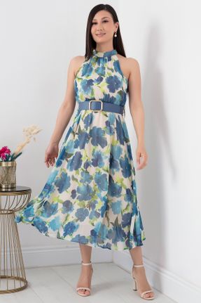 لباس آبی زنانه بافتنی پلی استر طرح گلدار رگولار کد 834675293
